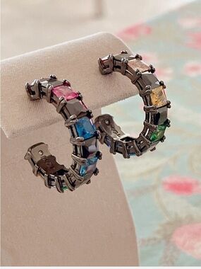 Kurt Geiger Rainbow Multicolor Crystal Hoop Earrings - NWOT